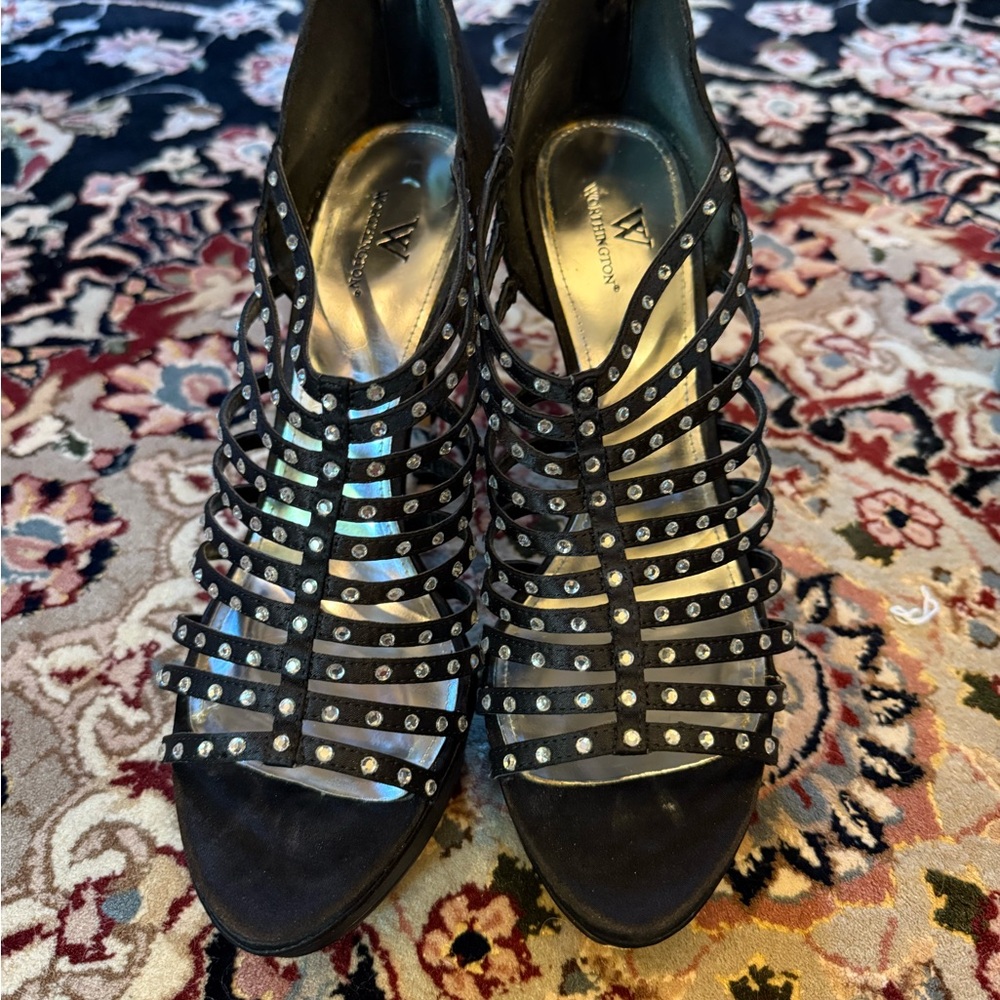 Worthington Black Rhinestone Strappy Heels